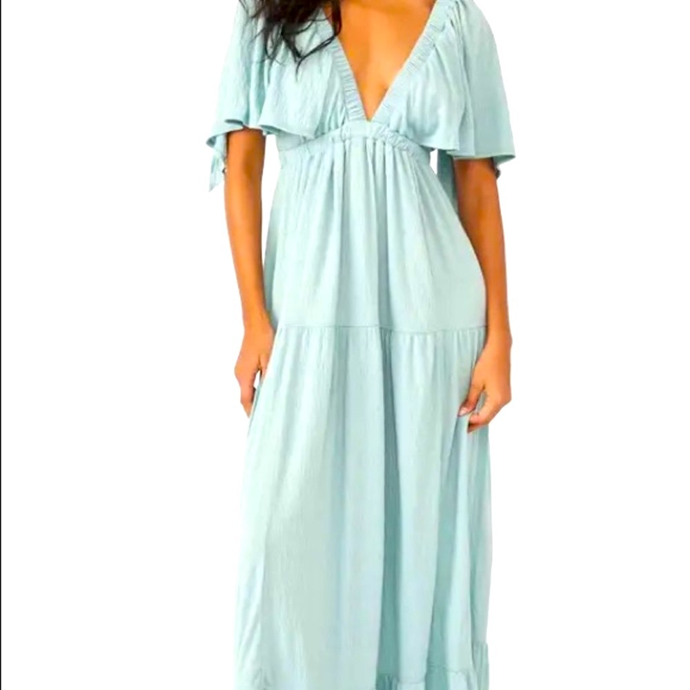 FREE PEOPLE La La Tiered Flutter Sleeve Maxi Dress In Green